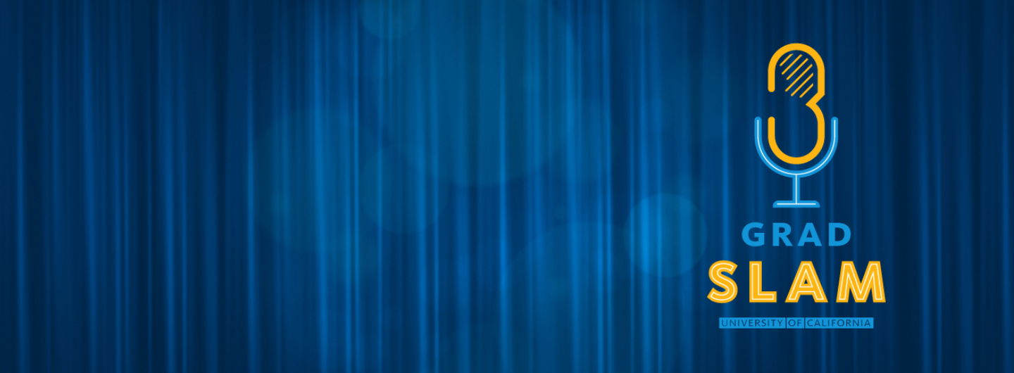 Grad SLAM logo on blue curtain with spotlight.
